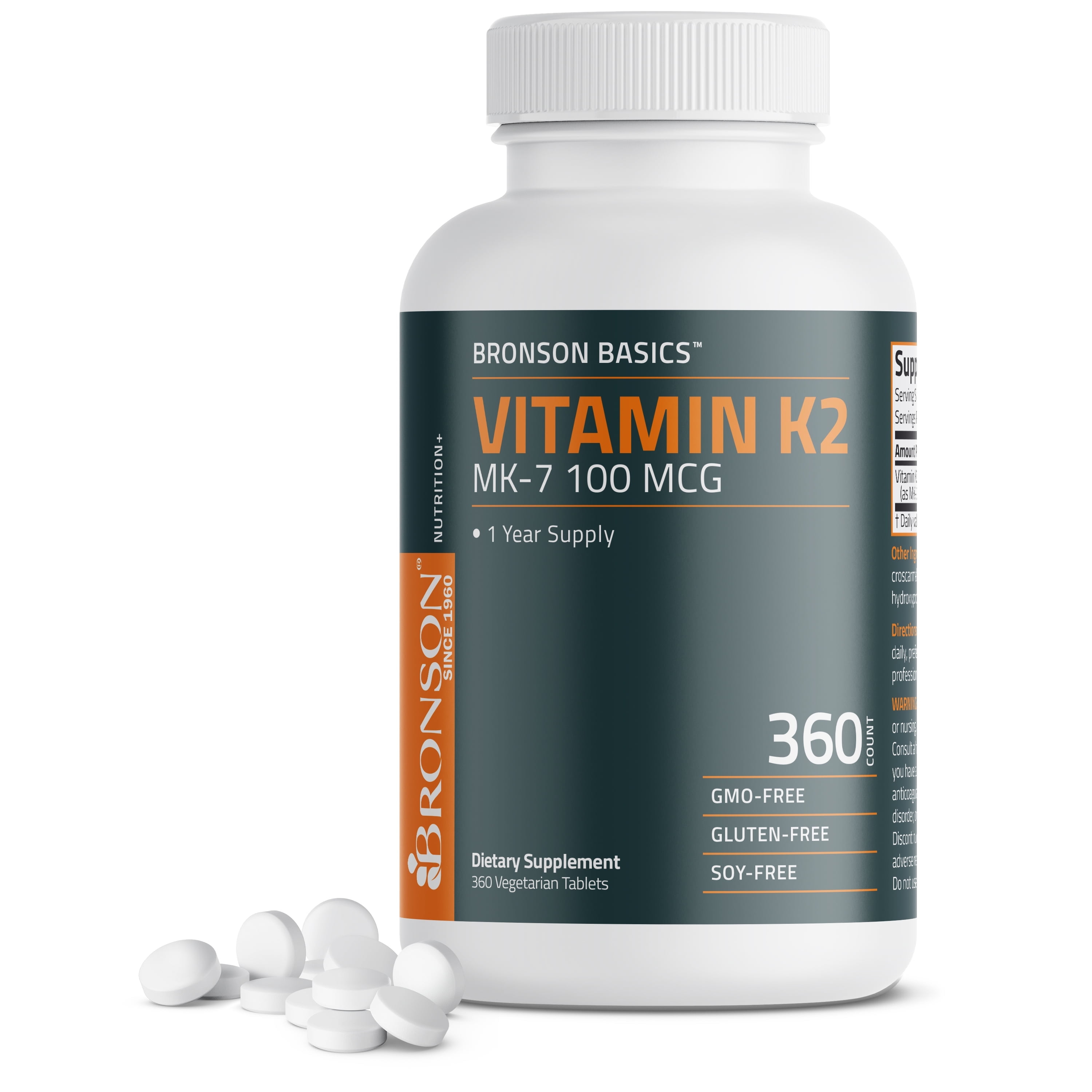 Bronson Vitamin K2 MK-7 100 MCG, Bone & Heart Support, 1 Year Supply - NON-GMO, 360 Vegetarian Tablets