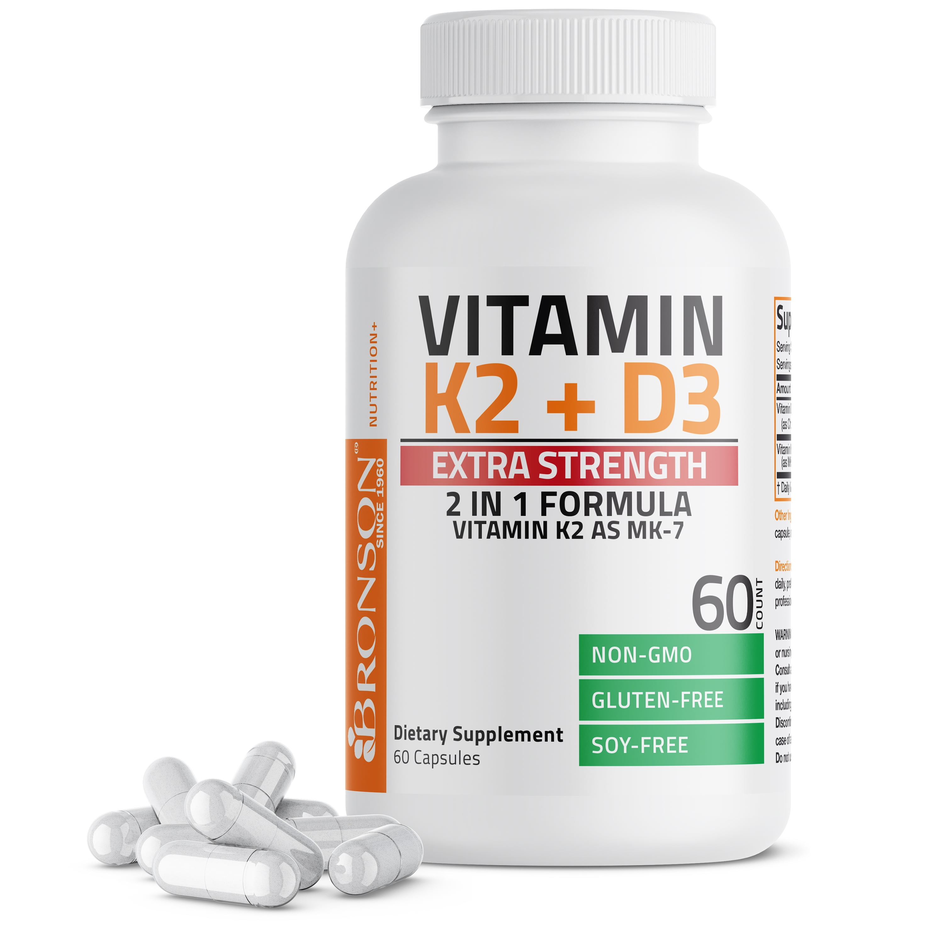Bronson Vitamin K2 (MK7) with D3 Extra Strength Bone and Heart Health Non GMO & Gluten Free Formula - Easy to Swallow, 60 Capsules