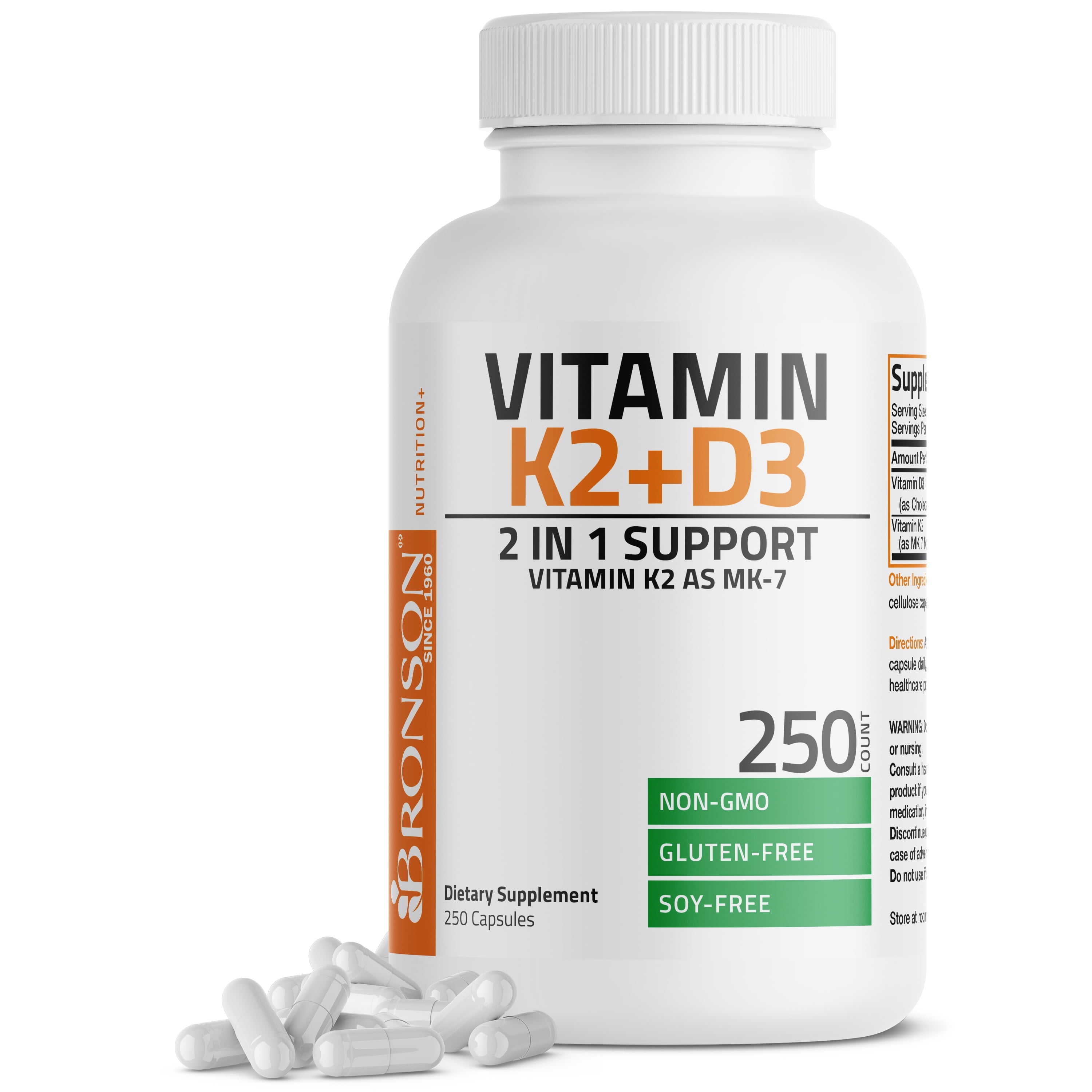 Bronson Vitamin K2 (MK7) with D3 Supplement Bone and Heart Health Non GMO & Gluten Free Formula - Easy to Swallow, 250 Capsules