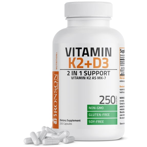 Bronson Vitamin K2 (MK7) with D3 Supplement Bone and Heart Health Non GMO & Gluten Free Formula - Easy to Swallow, 250 Capsules
