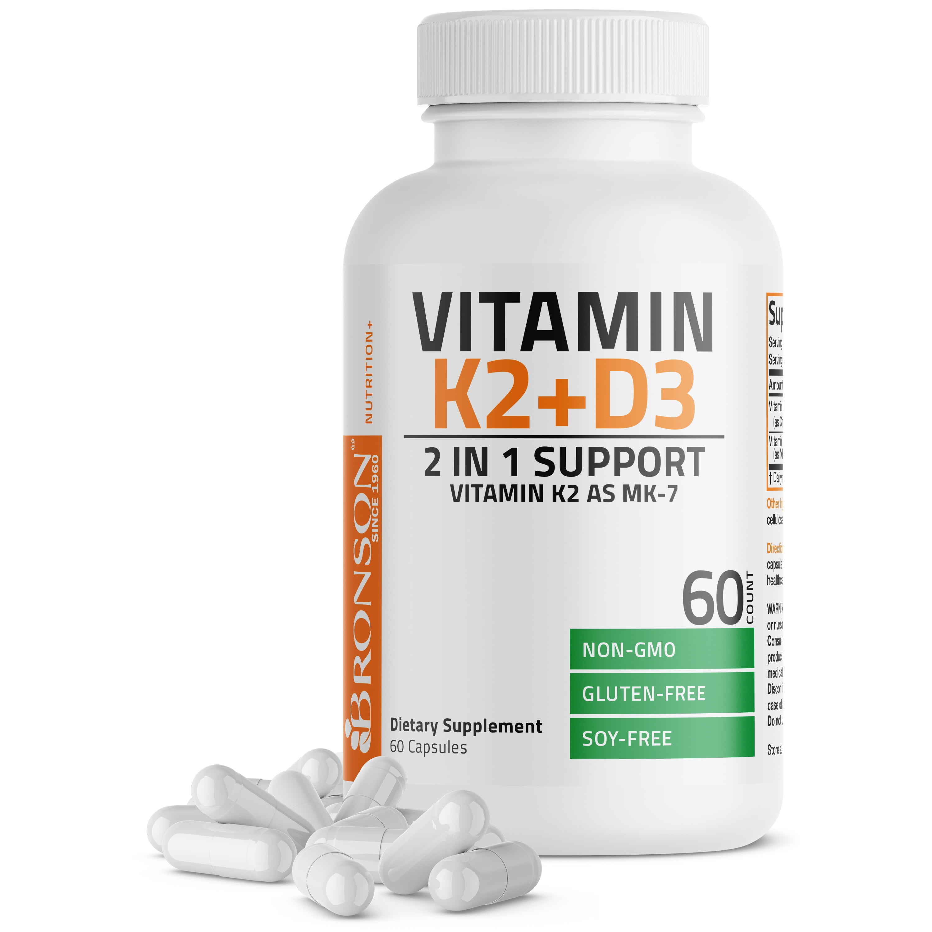 Bronson Vitamin K2 (MK7) with D3 Supplement Bone and Heart Health Non GMO & Gluten Free Formula - Easy to Swallow, 60 Capsules