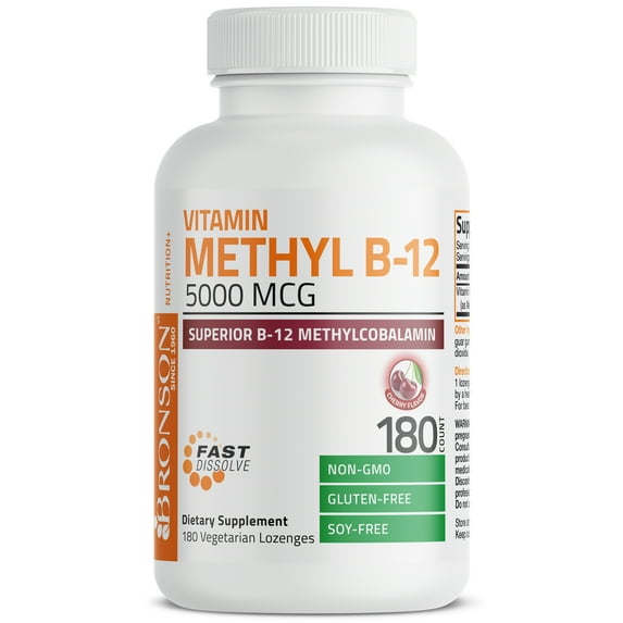 Bronson Vitamin Methyl B-12 5000 mcg - Superior B-12 Methylcobalamin - Non GMO- Gluten Free - Soy Free, 180 Lozenges