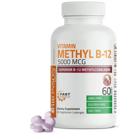 Bronson Vitamin Methyl B-12 5000 mcg - Superior B-12 Methylcobalamin - Non GMO- Gluten Free - Soy Free, 60 Lozenges