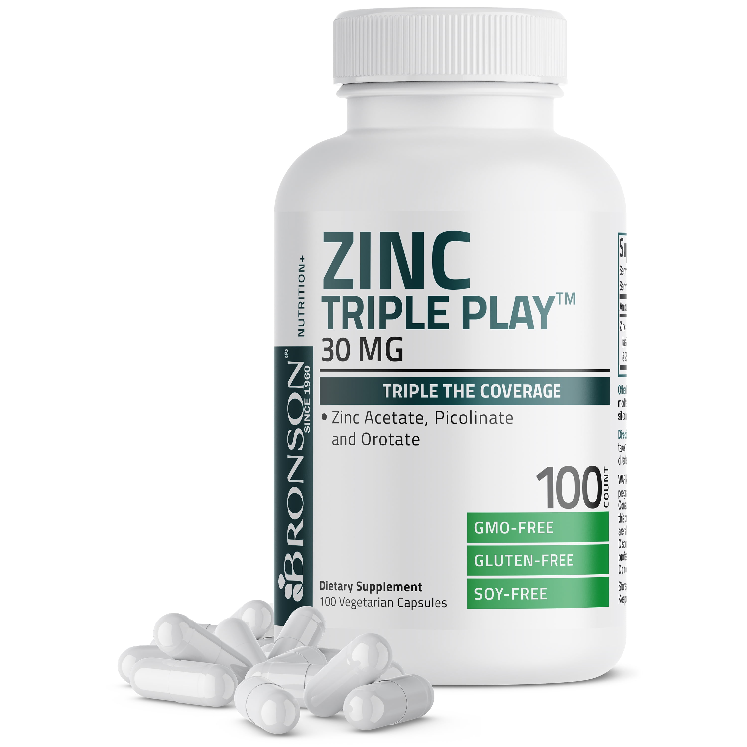 Bronson Zinc Triple Play 30 mg - Triple The Coverage Zinc Acetate, Picolinate & Orotate, 100 Vegetarian Capsules