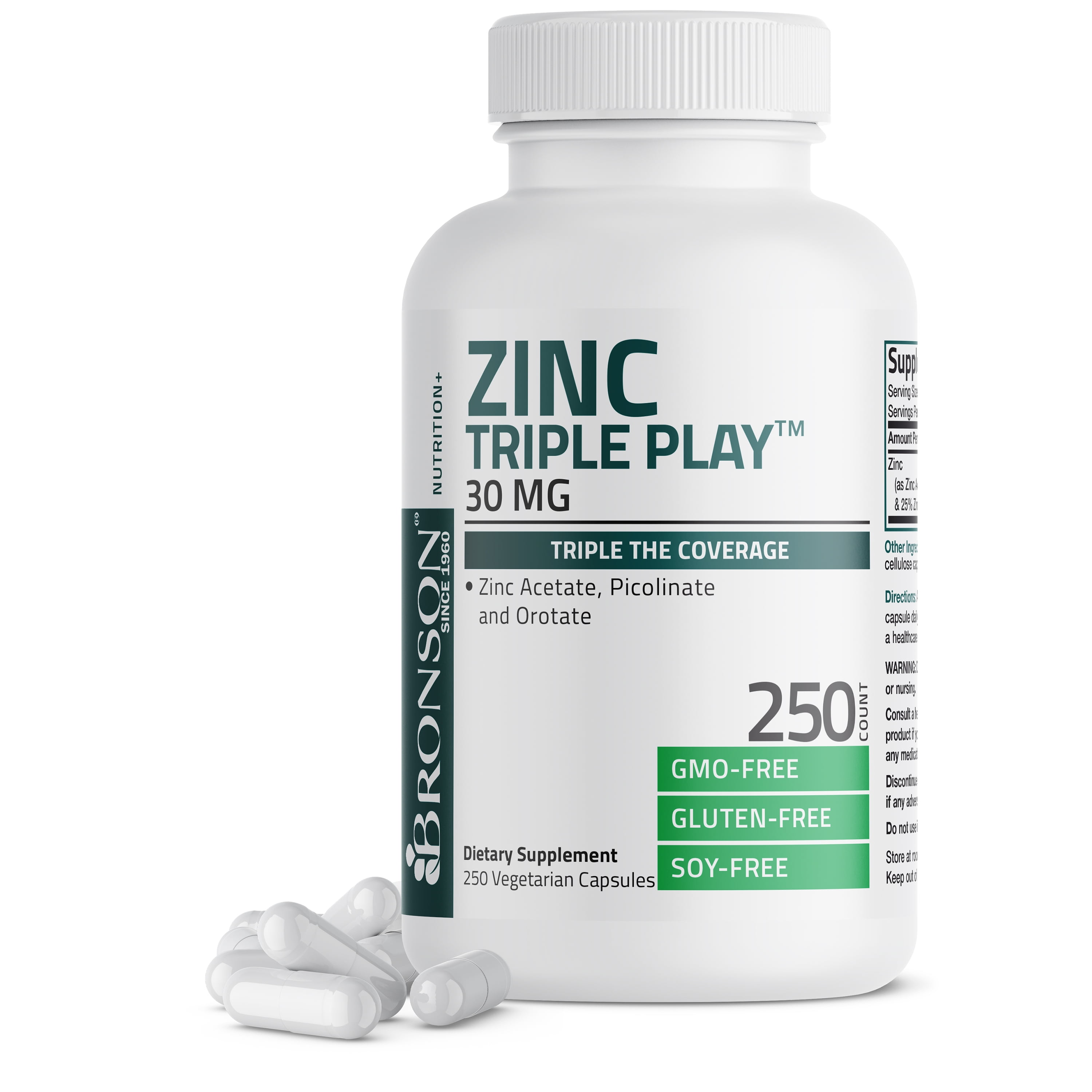 Bronson Zinc Triple Play 30mg - Acetate, Picolinate & Orotate, 250 ...