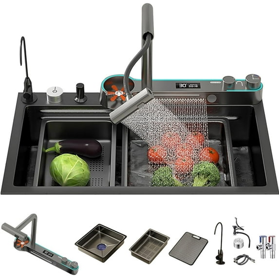 Bronstarz 29.5 * 18 Inch Kitchen Sink Undermount Workstation Single Bowl Stainless Steel Kitchen Sink LED Display Waterfall Faucet With Accessories