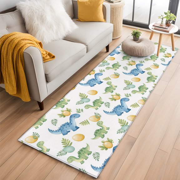 Brontosaurus Tropical Leaf 2'x6' Runner Rug, Modern Blue Yellow Dino Eggs Washable Non-Slip Area Rugs for Hallway Kitchen Floor Bedroom Entryway, Long Laundry Carpet Decoration Indoor Mat