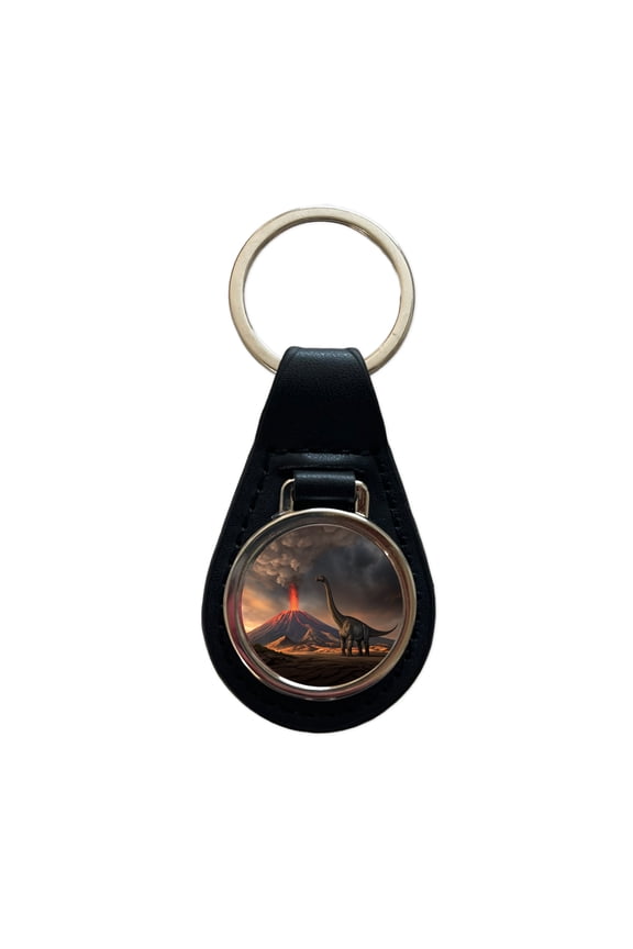 Brontosaurus Volcano Dinosaur Metal Black Leather Keychain