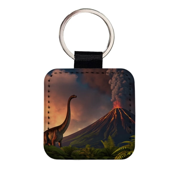 Brontosaurus Volcano Erupting Dinosaur Faux Leather Square Keychain
