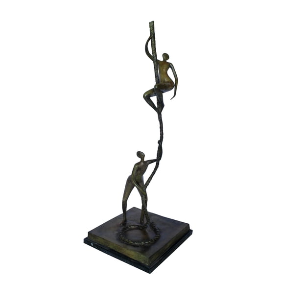 Bronze Abstract Figures Climbing Rope Sculpture on Base 14" x 14" x 38"H