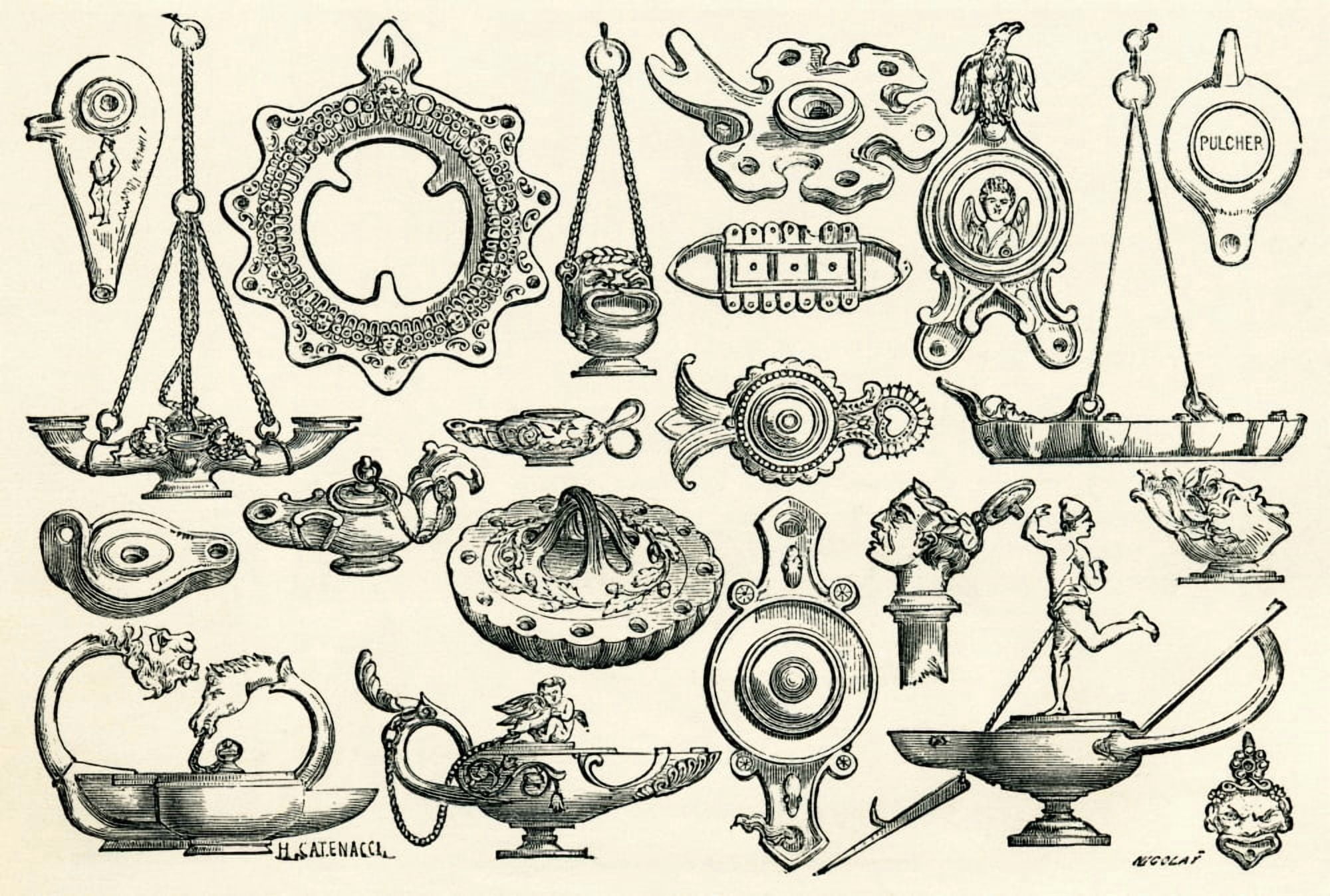 Bronze And Terra-Cotta Lamps From Pompeii From Italian Pictures By Rev Samuel Manning Published C1890 Canvas Art - Ken Welsh Design Pics (18 x 12)