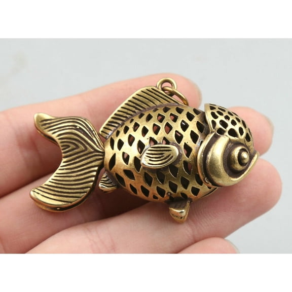 Bronze Animal Fish Hollow Out Small Goldfish Statue Pendant 2" Curio Chinese