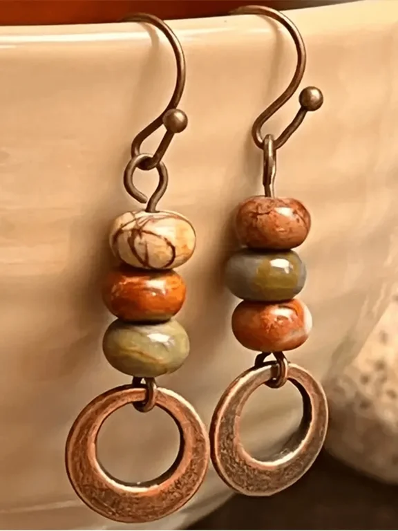 Bronze Bohemian Beaded Dangle Earrings With Hoop Accents