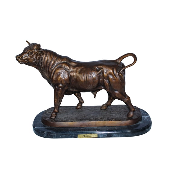 Bronze Bull Statue Le Taureau by Arnadia on Marble Base 19" x 8" x 13"H