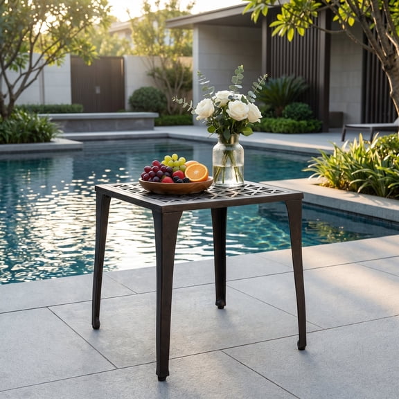 Bronze Cast Aluminum Outdoor Side Table 18 Inch - Small Patio End Table for Garden, Balcony, or Living Room, Durable & Lightweight
