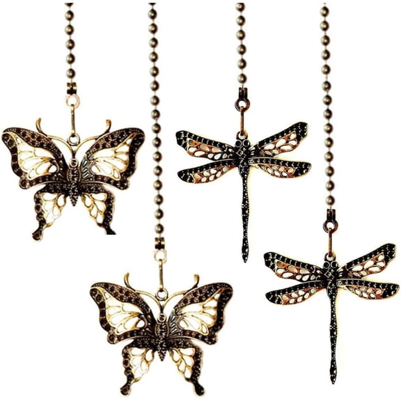 Bronze Ceiling Fan Pull Chain Set,12 Inches Lighting & Fan Beaded Ball Fan Pull Chain Extender with Connector,2 Pcs Dragonfly and 2 Pcs Butterfly