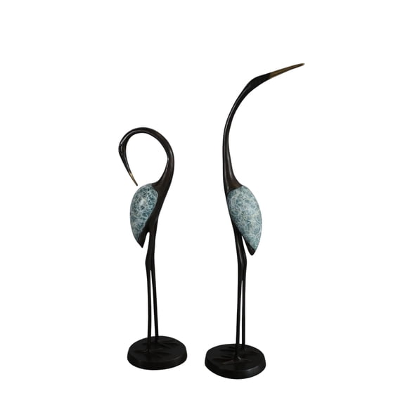 Bronze Crane Pair Statue Set Birds Sculpture Figurines 7"x4"x20"H