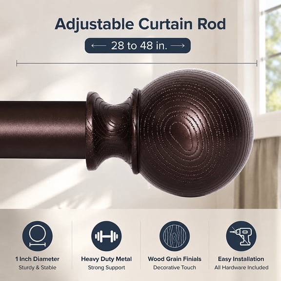 Bronze Curtain Rods for Windows 28 to 48 Inch, 1'' Diameter Heavy Duty Adjustable Curtain Rods with Wood Grain Finials, Decorative Extendable Window Rods Set