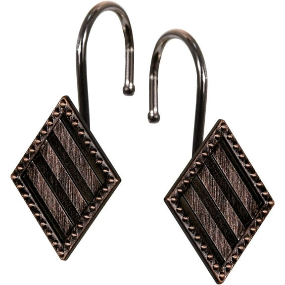 Bronze Decorative Shower Curtain Hooks: Rust Proof Metal Geometric Diamond Shaped Shower Curtain Rings - Rustic Vintage Antique Hooks Hangers for Shower Curtain Rod - Set of 12