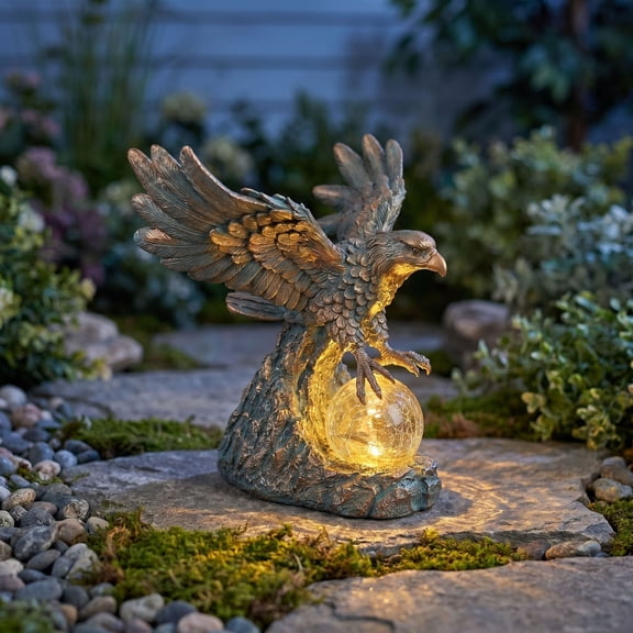 Bronze Eagle Garden Statue Decoration, Resin Solar Bald Eagle Sculpture with LED Crackle Ball, Outdoor Solar Bird Statue Decor for Patio,Lawn,Porch,Patriotic Garden Statue&sculpture