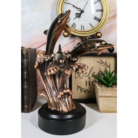 Bronze Electroplated Three Bottlenose Dolphins Riding Over Ocean Waves Statue