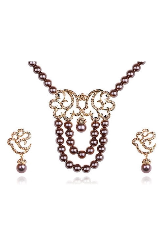 Bronze Faux Pearl Gold Tone Nimbus Cloud Crystal Necklace Earring Set