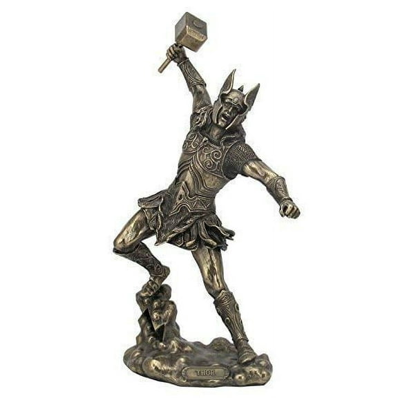 Bronze Finish Norse God Thor with Hammer Statue Sculpture Viking Mythology
