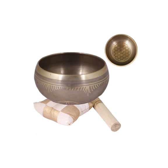 Bronze Flower of Life Tibetan 4.25" Singing Bowl Cushion and Stick