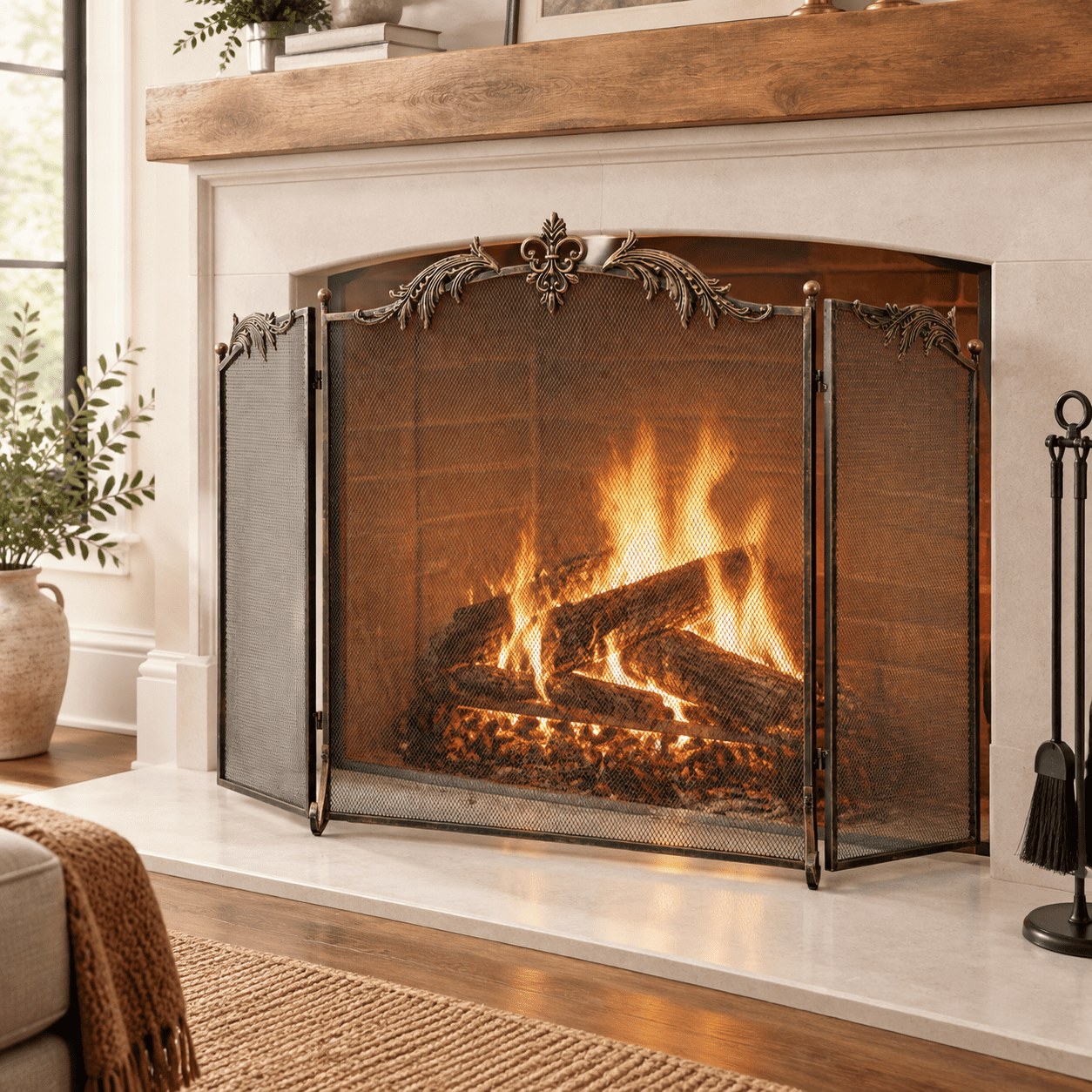 Bronze Fringed Iris Fireplace Screen, 50 x 32 in, Vintage Floral Design ...