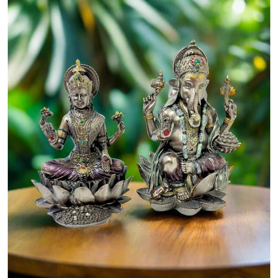 Bronze Ganesh & Lakshmi Statue Set – Hindu God & Goddess Figurines for Home Decor, Pooja Room, Diwali Gifts