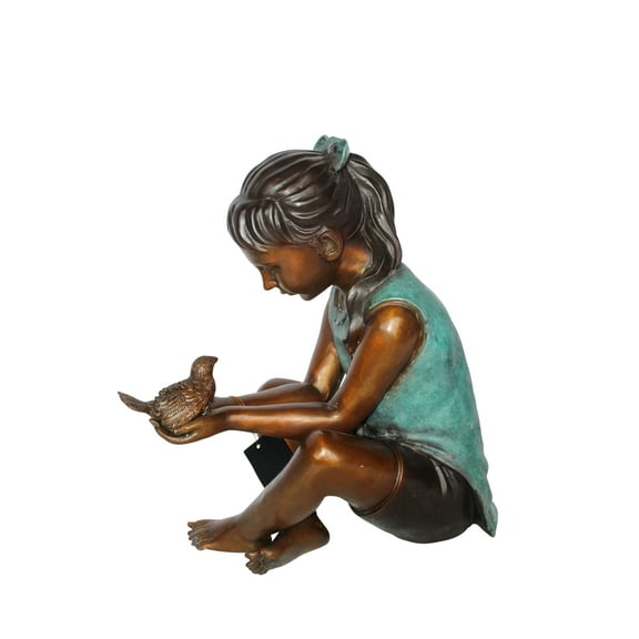 Bronze Girl Holding Bird Statue Lost Wax Sculpture with Patina 19" x 10" x 20"H
