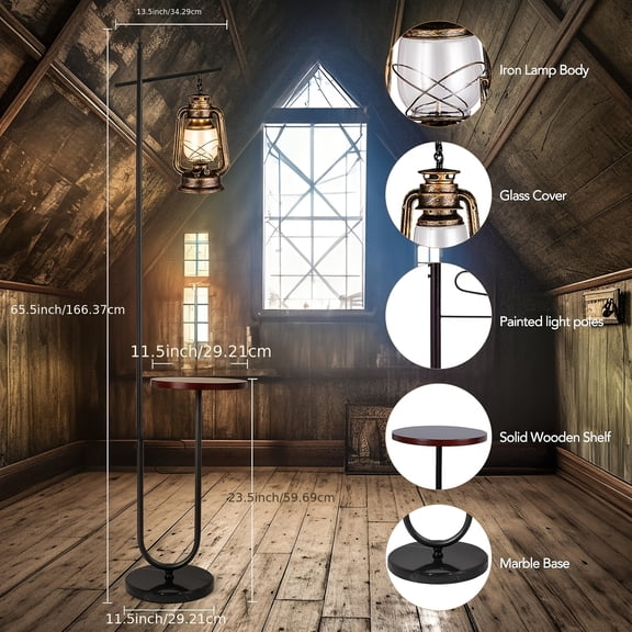Bronze Golden End Classical Lantern Floor Lamp with Table - Rustic Farmhouse Nightstand Hanging Arc - for Living Room, Bedroom, Reading Room