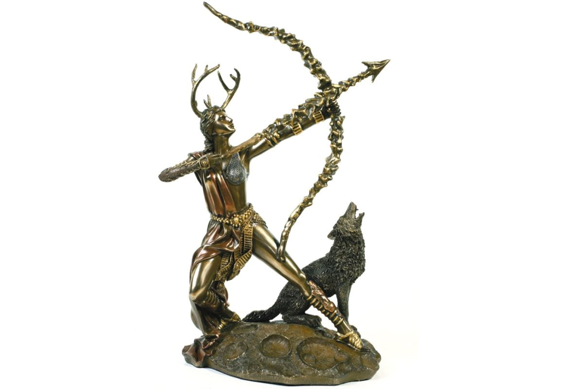 Bronze Greek Goddess Artemis Statue with Wolf Companion