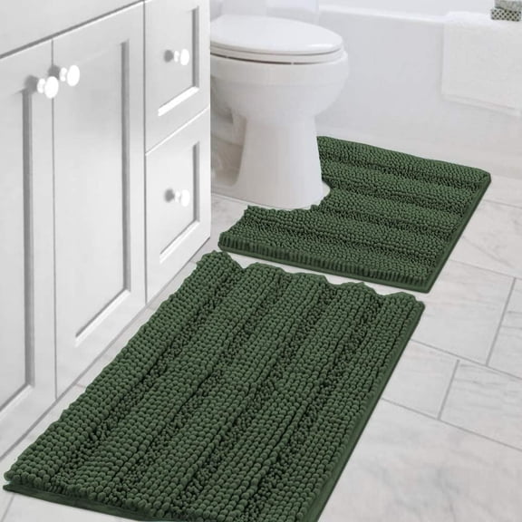 Bronze Green U-Shaped Toilet Rug, 20 x 20 Inch Chenille Bathroom Mat, 1 Piece High-Pile Contour Bath Rug with Non-Slip Backing, Machine Washable Floor Mat