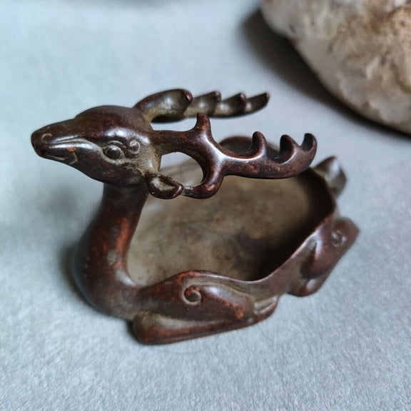 Bronze Handmade Cast Deer Statue Figure Ink Stone Pot Collection Chinese