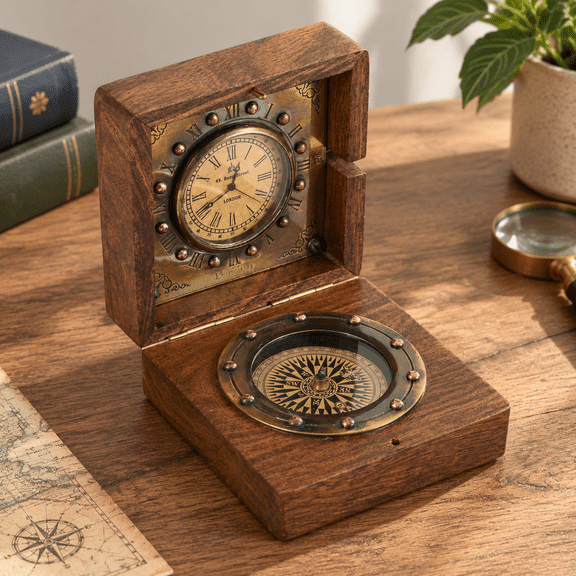 Bronze Handmade Nautical Table Compass with Rosewood Box Collectible Decor Gift