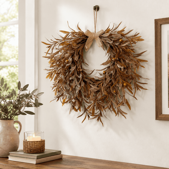 Artificial Fall Heart Wreath, Bronze-Heart, 22 Inch, Olive Leaves for Front Door Decor
