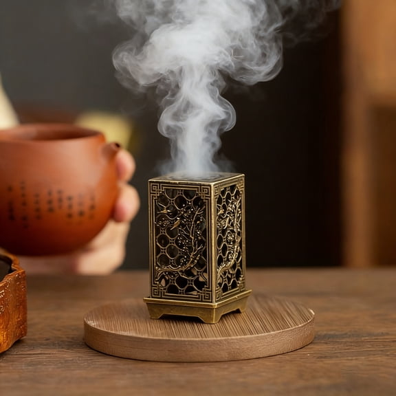 Bronze Hollow Out Incense Burner with Lid Metal Round Holder 2.4x1.5 in Stable Base Ramadan Eid Meditation Yoga Altar Home Decor Spiritual Aromatherapy Tray No Incense Included