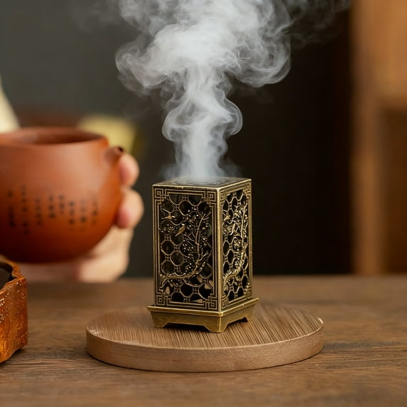 Bronze Hollow-out Incense Burner with Lid - Stable Base Incense Holder for Ramadan, Eid, Meditation & Yoga - Spiritual Home Decor (No Incense Included), B, 1pc