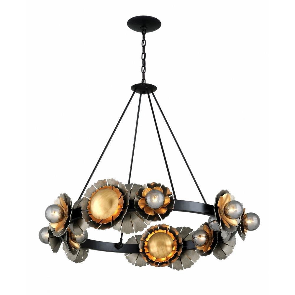 Black Graphite Bronze Leaf 16-Light Floral Chandelier