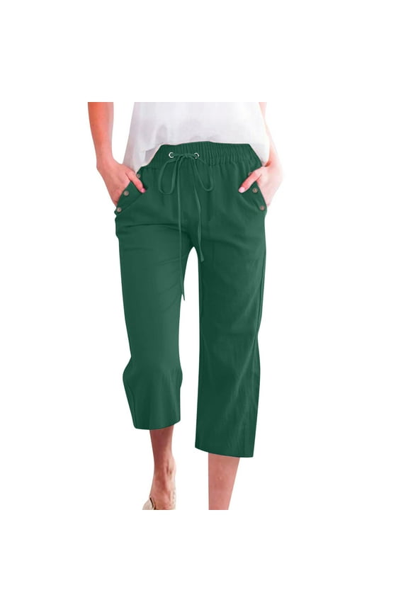 Bronze Capri Pants for Women Fashion Solid Color Cotton Flax Elastic Long Pants Beach Leisure Trousers Linen Work Pants Size M