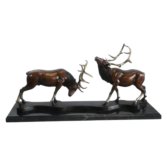 Bronze Locking Deer Stags Sculpture Marble Base 32"x8"x14"H