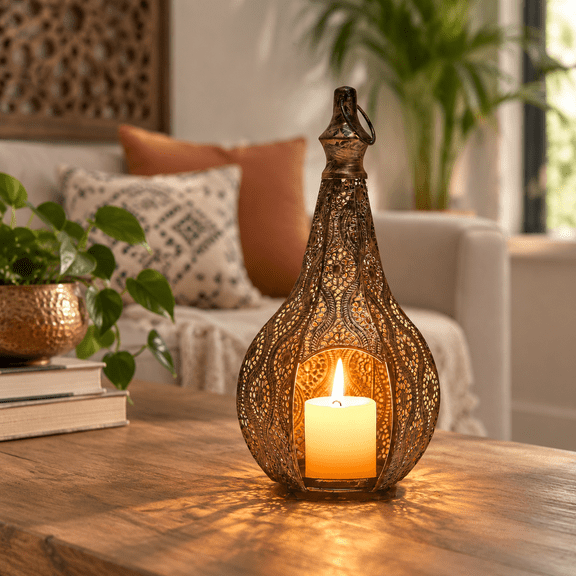 Bronze Moroccan Decorative Candle Lantern For Indoor Outdoor Home Patio Porch Ramadan Decor
