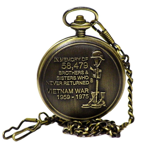 Bronze POW MIA Ornate Men's Pocket Watch&Chain Mens Vietnam War Nam Veteran Gift