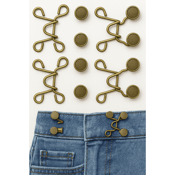 Bronze Pant Waist Tightener Set, 4 Adjustable Waist Buckles – Removable Waistband Button Hooks for Jeans, Pants, Skirts, and Dresses (Eye 1.2", Hook 1")
