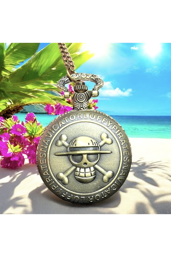 Bronze Pirate Skull Anime One Piece Quartz Pocket Watch & Fish Hook Bracelet