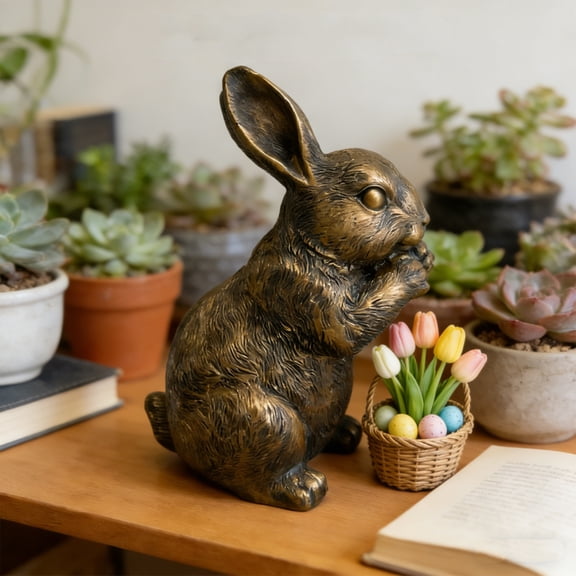Bronze Resin Standing Bunny Easter Tabletop Decoration, 4.53" – Lifelike Easter Rabbit Figurine for Home Decor, Easter Party Table Setting, Easter Centerpiece, and Easter Gift for Friends & Family