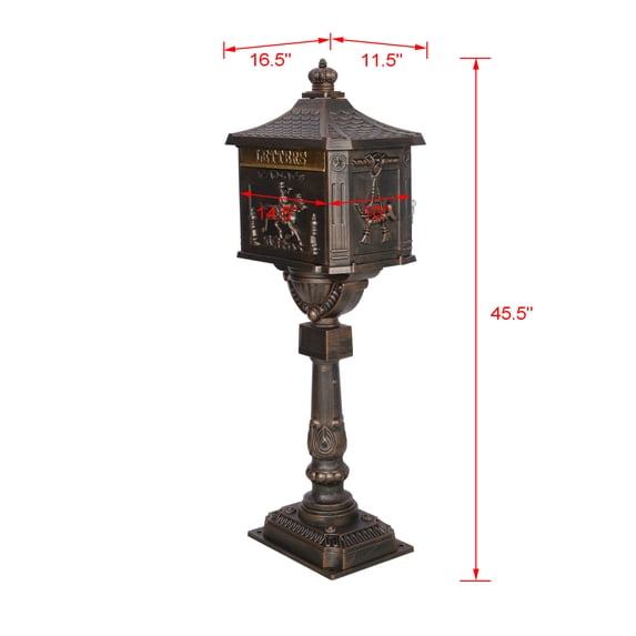 Bronze Standing Mailbox with Lock, Classic Cast Aluminum Outdoor Mailbox for Home and Garden, Includes 2 Keys