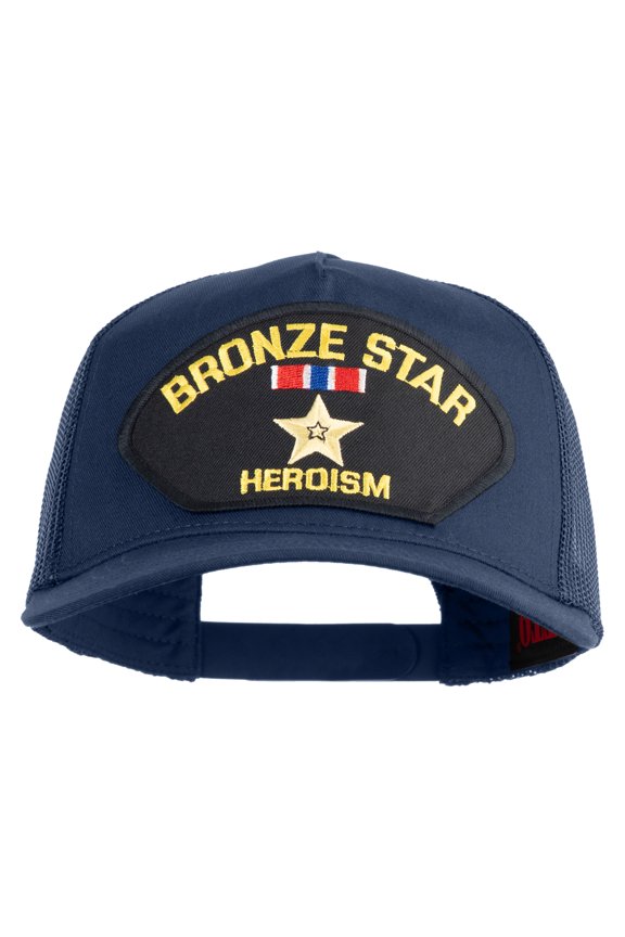 Bronze Star Heroism Patched Solid Cotton Twill 5 panel Mesh Back Cap - Navy OSFM