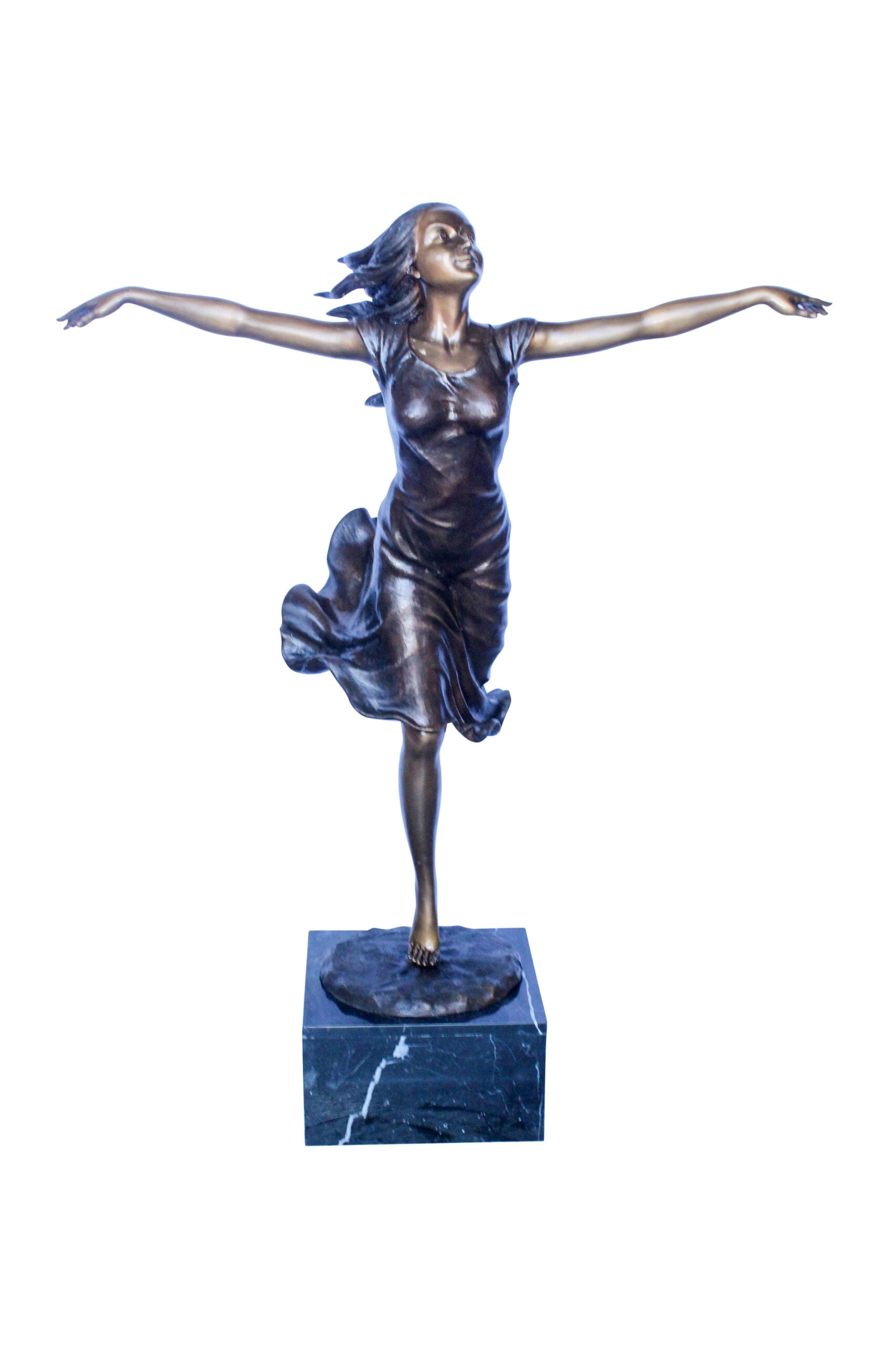 Nifao Bronze Statue, Girl Running in the Wind, Dynamic Art – Outdoor Garden Decor Sculpture, 46"L x 27"W x 57"H